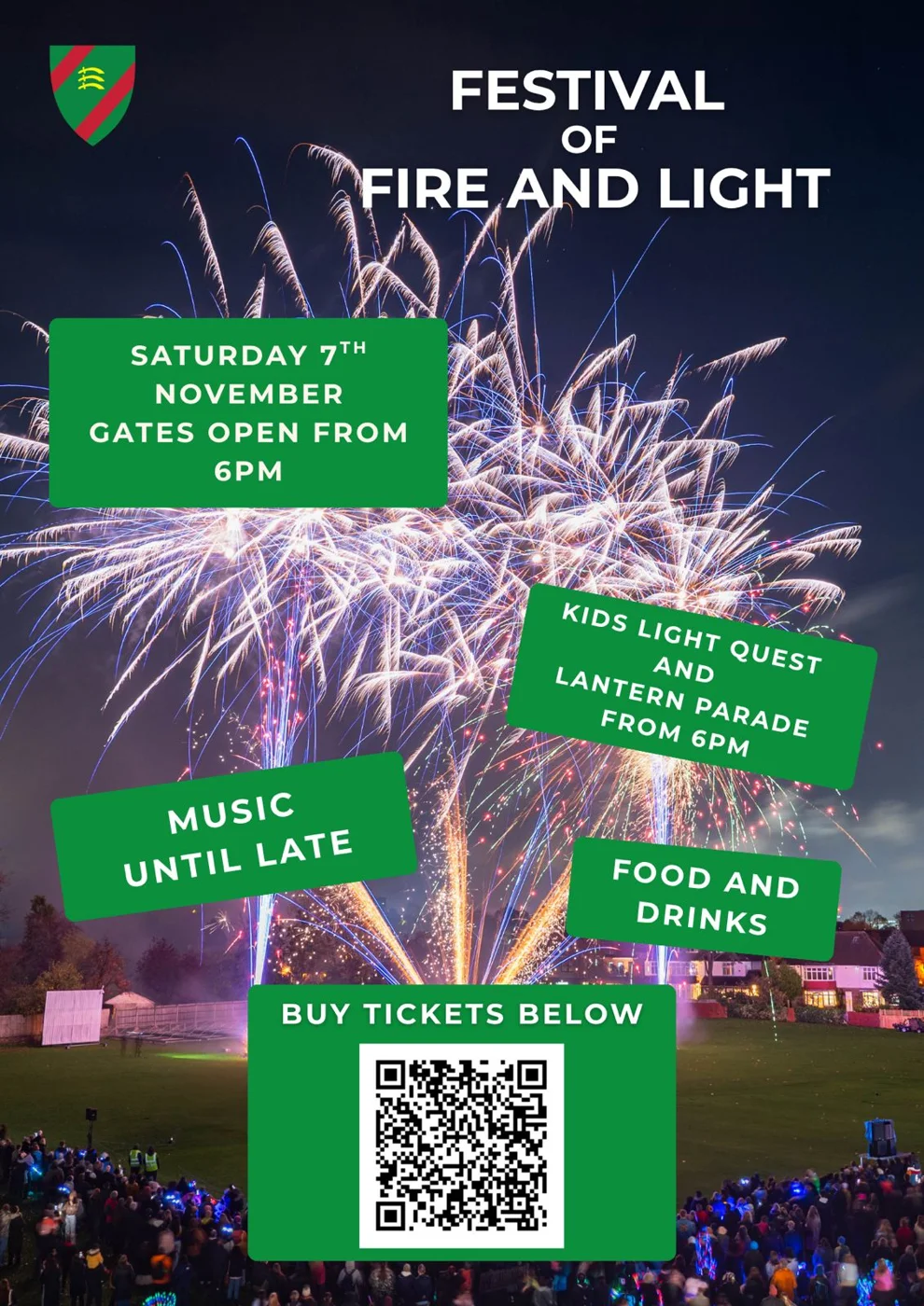 Poster for Ealing Cricket Club's Festival of Fire and Light: fireworks over the cricket ground, Saturday 7th November, gates open from 6pm, kids light quest and lantern parade from 6pm, music until late, food and drinks, with a QR code for tickets